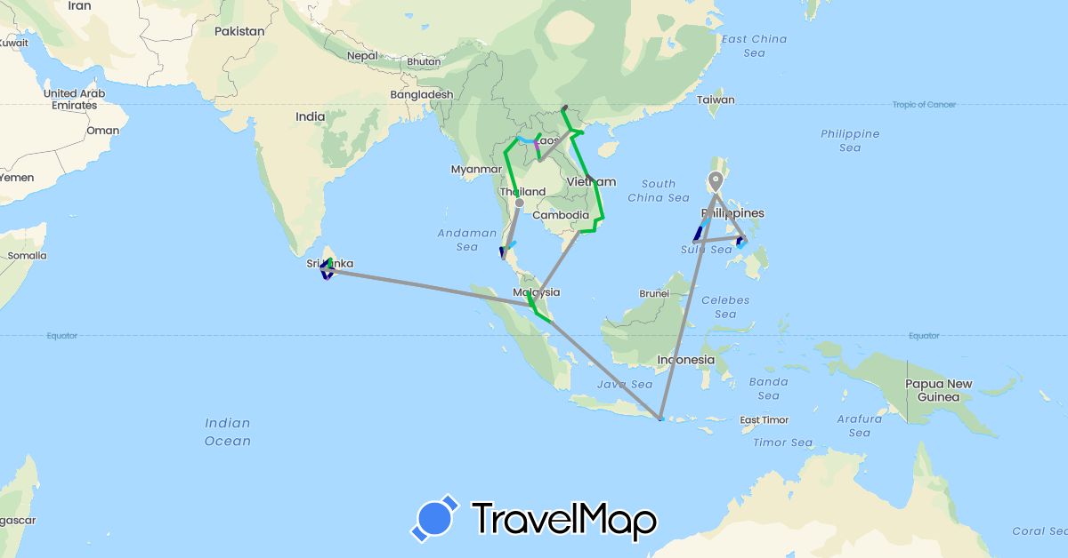 TravelMap itinerary: driving, bus, plane, train, boat, motorbike in Indonesia, Laos, Sri Lanka, Malaysia, Philippines, Singapore, Thailand, Vietnam (Asia)